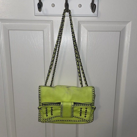 Rebecca Minkoff Bow Studded Shoulder Crossbody Bag Purse Neon Yellow Chain Strap - Picture 12 of 15